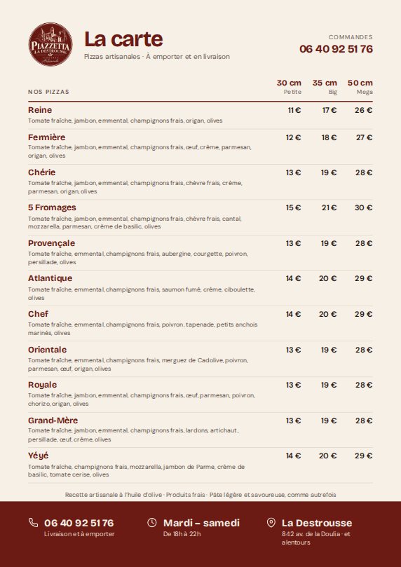 Aperçu de la carte des pizzas